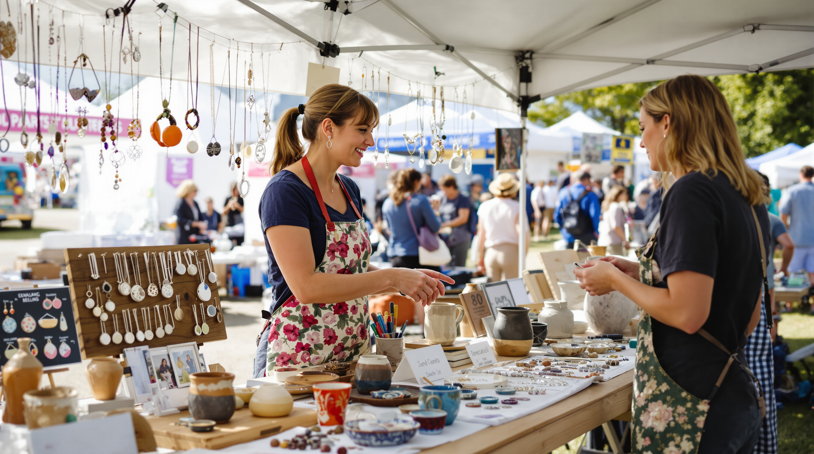 Artisan displaying handcrafted jewelry and pottery at the Ypsilanti Heritage Festival